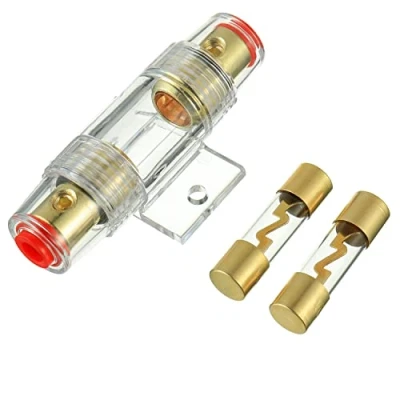 Imagen de BOJACK 1 portafusibles AGU en línea Chapado Oro y 2 fusibles de 100A Vidrio para protección Seguridad energía Audio automotriz (100A)