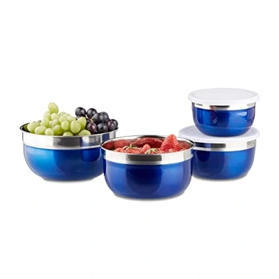 Imagen de Relaxdays Boles con Tapa, Set de 4, Acero INOX y Plástico, Azul, Diferentes Tamaños, 18.4x18.4x9 cm, 4