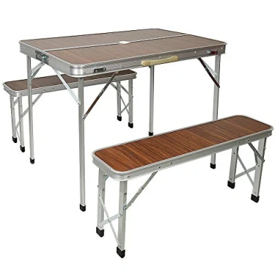 Imagen de LANTUS Mesa Maleta Camping Picknick con 2 Bancos Plegable Aluminio Efecto Madera Portátil Jardín 90 * 60 70cm (marrón)