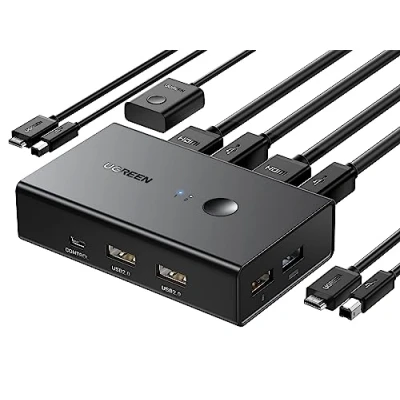 Imagen de UGREEN KVM HDMI Switch 4K 60Hz 2 Entradas a 1 Salida PC Comparten Pantalla y 4 Puertos USB 2.0 Comutador con Control de Escritorio Cable para Teclado Mouse Impresora Stick