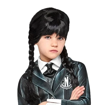 Imagen de RUBIES Peluca Miércoles Addams para niñas, con trenzas y flequillo, Accesorio disfraz, Oficial Wednesday Halloween, Carnaval, Fiestas cosplay
