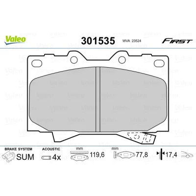Imagen de VALEO 301535 Juego de pastillas freno FIRST Eje delantero con contacto avisador desgaste sin chapa antichirridos TOYOTA: Land Cruiser 100