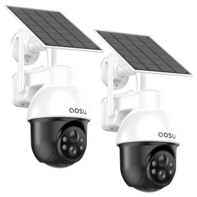 Imagen de AOSU 3K 5MP Cámara Vigilancia Exterior Solar, WiFi de Seguridad Inalámbrico con Batería, 360 PTZ Panorámica, Seguimiento Automático, Alertas Movimiento, Audio Bidireccional, 2pz