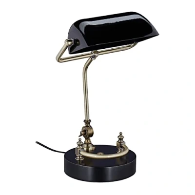 Imagen de Relaxdays Lámpara Banquero Vintage, Tulipa Cristal Orientable, Madera, Luz Escritorio y Oficina, Rosca E27, Retro, Negro
