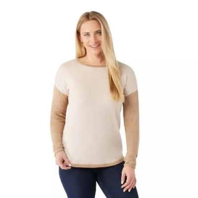 Imagen de Smartwool Women&#039;s Shadow Pine Colorblock Sweater Sudadera para Mujer, Color Pino, Almond Heather, Small
