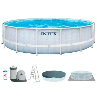 Imagen de Intex Piscina Desmontable Redonda Chevron Prism Frame Premium, Medidas 488x122cm, Capacidad 19.156cm, Material Resistente Triple Capa, Incluye: depuradora, Tapiz, cobertor y Escalera (55258)
