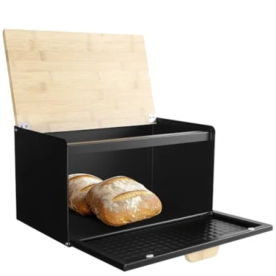 Imagen de Navaris Paneras para Guardar el Pan de Mesa con diseño Panera Vintage Caja 35 x 20 22 cm Metal Tapa Bambú Negra