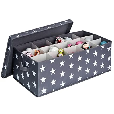 Imagen de LOVE IT STORE Caja de almacenamiento para bolas Navidad adornos árbol tela Reforzada con cartón 30 compartimentos Gris estrellas 58 x 36 25 cm