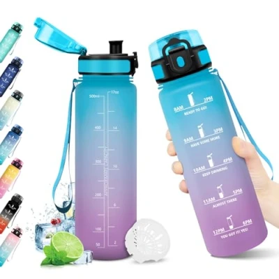 Imagen de Cantimplora 500ml, Botella Gym sin BPA, de Agua con Filtro, Garrafa Marca Tiempo, Reutilizable, Motivacional para Niños, Adultos, Running, Deporte, Bicicleta, Oficina,
