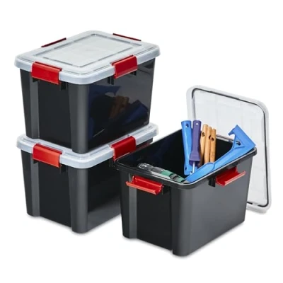 Imagen de Iris Ohyama 3 Cajas herméticas de plástico con tapa y cierres a presión, 20L, Negro, sello impermeable, apilables, antipolvo, para ropas, camping, exteriores, cubo almacenaje, box, AT SD