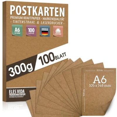 Imagen de Tarjetas postales de papel kraft en blanco para imprimir, juego bricolaje DIN A6, 300 g, 10,5 x 14,8 cm, 100 unidades, hojas cartón cartón, manualidades bodas,