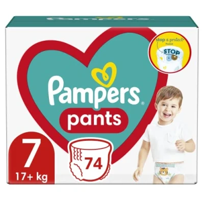 Imagen de Pampers Pants Pañales, talla 7 (17 kg), paquete de 74 pañales con bolsillo antifugas en la parte trasera