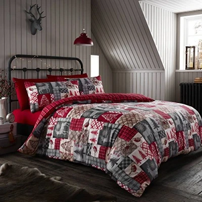 Imagen de Happy Linen Company Christmas Patchwork Set de Fundas Reversibles para edredón Estampado navideño Rojo Individual