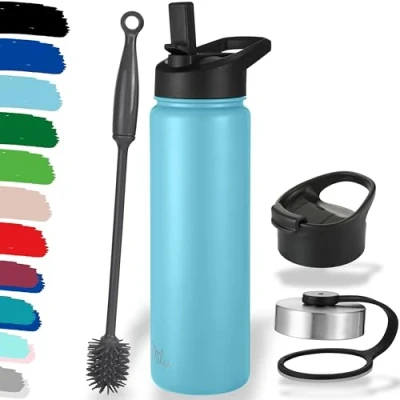 Imagen de Milu botella de agua acero inoxidable, 500, 750, 1000ml (+3 tapas), termo con pajita, aislada, aislante a prueba fugas, apta para ácido carbónico (azul cielo, 1000ml)