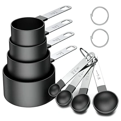 Imagen de HENGBIRD Cucharas Medidoras, Juegos De 8 Medidoras y Tazas Medición Plastico con Mango Acero Inoxidable para Medir Líquidos Los Ingredientes (Negro)