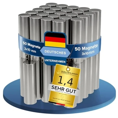 Imagen de MTS Magnete Lote de 50 imanes neodimio (3 x 10 mm largo, extra fuertes, fuerza sujeción aprox. 0,5 kg, para pizarra, tablón anuncios, pizarras magnéticas, talleres, unidades),