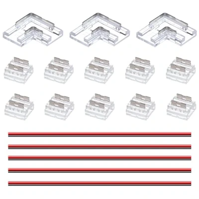 Imagen de GOMING Kit Conector Tira LED COB 2 pin 8 mm de Ancho 10 Conectores Transparentes Sin Espacios 3 en Forma L/Esquina 5 Cables Extensión 15 cm para Luces