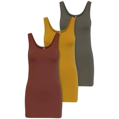 Imagen de ONLY 15201465 Paquete de 3 camisetas básicas sin mangas para mujer, color blanco, negro, gris, azul y crema, camiseta larga verano, Mezcla colores 3, S