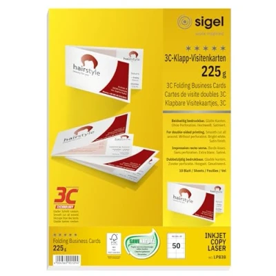 Imagen de Sigel LP838 Tarjetas de visita plegadas, 3C impresión por las dos caras, imprimible, 180x55 mm (A4), 225 g, 50 unds, 10 hojas