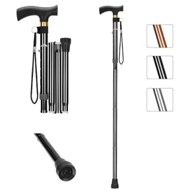 Imagen de supregear Bastones de Caminar Plegables, Bastón Aluminio Plegable Ajustable con Mango en T y Anti pérdida la Correa Muñeca Antideslizante Equilibrio Ayuda a Movilidad