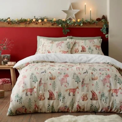 Imagen de Fusion Funda nórdica de Forro Polar con Animales del Bosque 200 x cm Diseño Reversible 2 Fundas Almohada Ropa Cama Woodland en Color Natural navideña