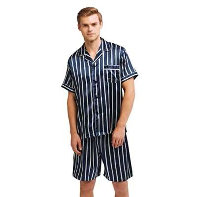 Imagen de Conjunto de pijama satén manga corta para hombre con pantalones cortos, Azul Beige Rayas, XXL