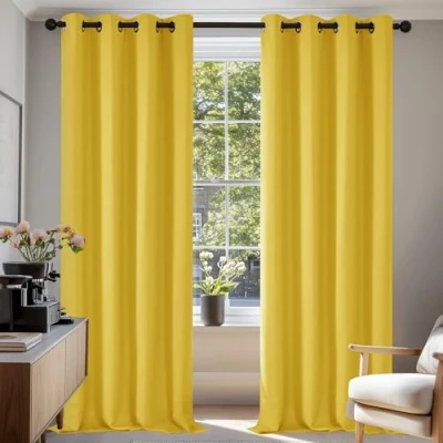 Imagen de Deconovo Cortinas Opacas para Interiores, 2 Unidades, 160 cm de Alto, térmicas aislantes con Ojales salón Moderno, 132 x (Ancho Alto), Amarillo