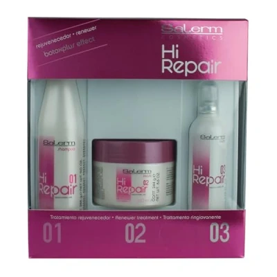 Imagen de SALERM Tratamiento Reparador Cabello Dañado Pack Hi Repair con Champú 250 ml + Mascarilla Finish 100 Hidratación Profunda Revitaliza y Rejuvenece Efecto Inmediato