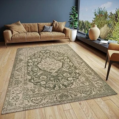 Imagen de Hanse Home Mahat Alfombra Oriental clásica Tejida con Cenefa de Aspecto Vintage, Tejido Plano Ligeramente Brillante para Dormitorio, Comedor, salón, Pasillo, Verde, 120 x 180 cm