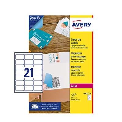 Imagen de Avery España L4613 25 Etiquetas adhesivas blancas cubrientes,63,5x38,1mm, 21etiquetas por hoja, caja de hojas