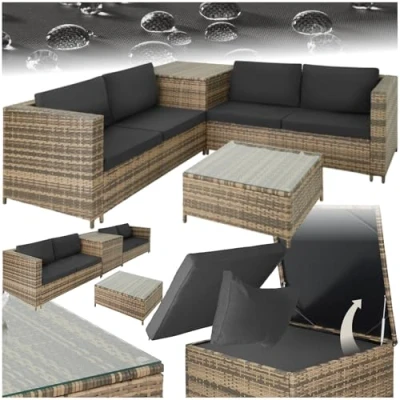 Imagen de TecTake® Conjunto Jardín de Ratán Combinable con Cojines Grosor 8 cm, Terraza en Acero y Resistente a la Intemperie, Muebles Exterior 2 Sofás, 1 Mesa, Caja Natural/Gris