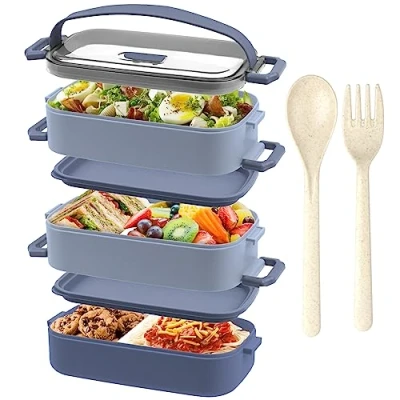 Imagen de OITUGG Fiambrera 3 Capas Bento Box 2200ml Lunch con piezas Compartimentos Ajustable Lonchera Cubiertos Hermetica, Sin BPA, Apto para microondas, A prueba de fugas, Azul