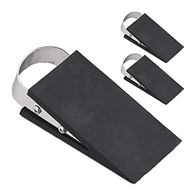 Imagen de Relaxdays Cuñas Puerta, Set de 3, Topes Suelo, Goma, Freno, Acero Inoxidable, Antideslizante, 3x5x11,5cm, Negro/Plateado