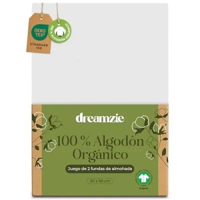 Imagen de Dreamzie Funda de Almohada 30x50 cm Algodón Orgánico Juego 2 100% Blanco Algodon 50x70 con Cremallera Oeko Tex