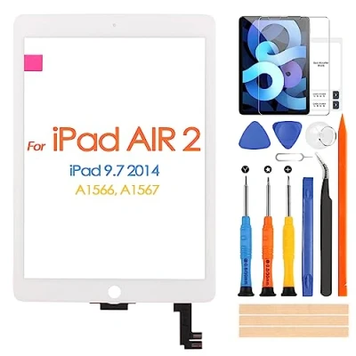 Imagen de Táctil Pantalla para iPad 6 Air 2 9,7 A1566 A1567 Vaso Reemplazo de Digitalizador con Película Templada, Reparación kit(No LCD,Blanco)