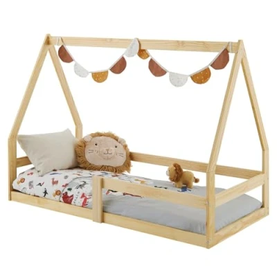 Imagen de IDIMEX cama de casa Tami con forma casa, 70 x 140 cm, madera pino natural, protección anticaídas, ideal para dormir y jugar, suelo, Montessori