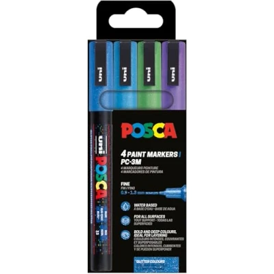 Imagen de Uni Ball 186530 POSCA Marker Set, 4 rotuladores acrílicos brillo PC 3M, rotulador permanente 0,9 1,3 mm punta redonda
