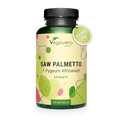 Imagen de SAW PALMETTO 10.000 mg Vegavero® Para 3 Meses Con Pygeum Africanum Prostata Inflamada + Caída Pelo Infecciones Urinarias Sin Aditivos 45% Ácidos Grasos 90 Cápsulas