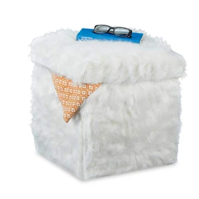 Imagen de Relaxdays Puff Almacenaje, Taburete Bajo de Pelo, Asiento, Cuadrado, 40L, DM Peluche, 1 Ud., 39 x 38 cm, Blanco