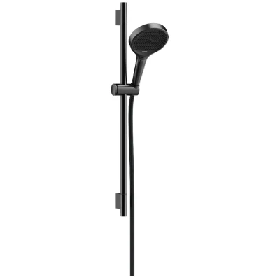 Imagen de hansgrohe Rainfinity, set de ducha ahorro agua, mano (EcoSmart) con barra 65cm, soporte y Designflex flexo textil 160cm, 3 tipos chorro, cromo negro cepillado