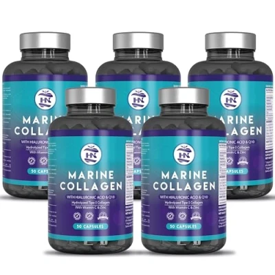 Imagen de Colageno Marino Hidrolizado Puro con Acido Hialuronico Magnesio y Vitamina C Coéncima Q10, Zinc, Marine Collagen, Colágeno Hialurónico (50 Cápsulas x 5 botes)