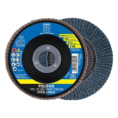 Imagen de PFERD POLIFAN 69300937 Disco de láminas, 10 unidades, PFC 115 x 22,23 mm, cónico Z60 START Linie STEELOX, para acero, acero inoxidable (INOX)