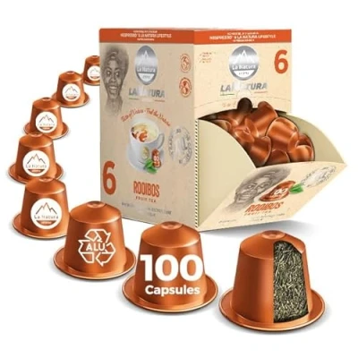 Imagen de té premium ROOIBOS 100 cápsulas de compatibles con máquinas Nespresso, un hierbas suave y sin cafeína que, su sabor único cuerpo, calmante