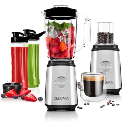 Imagen de ZEEGMA Vitamine Batidora Multifunción 4 en 1 1050 W (350W potencia nominal) con Jarra L, Safe Lock, Molinillo de Café, Cuchillas Cruzadas, 2 Juegos Cuchillas, Botellas 600ml