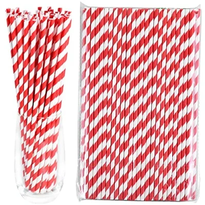 Imagen de Rayas Rojas/Blancas 26 x 0,6cm Pajitas de Papel Desechables Extra Largas 100 Piezas para Beber y Hacer Manualidades
