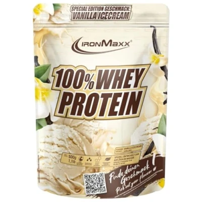 Imagen de IronMaxx 100% Whey Protein Polvo Vanilla Ice Cream 500g Bolsa Proteína de suero leche reducida en azúcar y soluble agua Disponible muchos sabores diferentes