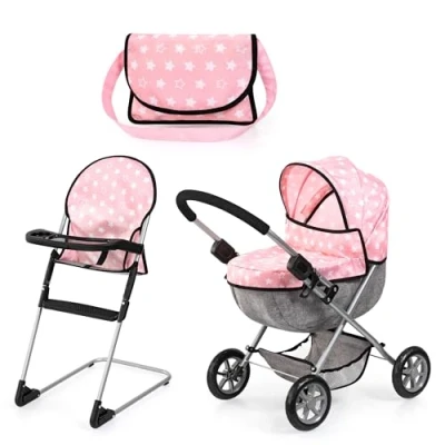 Imagen de Bayer Design 13730AB Cochecito de muñeca, Plegable, Manillar Suave, Bolsa, Trona para muñeco bebé