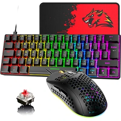 Imagen de 60% Reino Unido Teclado y Ratón para Juegos con Cable Mini mecánico de 62 Teclas, 19 Teclas Efecto iluminación arcoíris RGB 6400 dpi Ligero (Interruptor Negro/Rojo)
