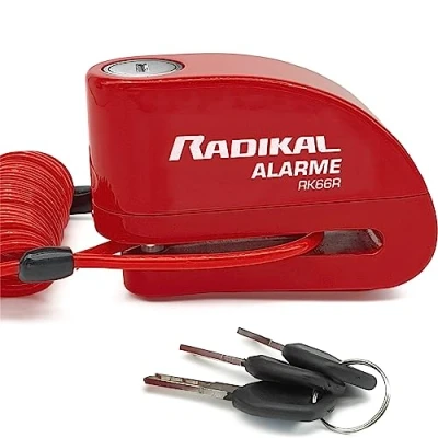 Imagen de RADIKAL RK66R Candado Moto Disco Alarma 110dB, Disuasorio e Impermeable, Cerradura Seguridad Clic ø6mm, Cable Recordatorio, Pilas Recambio, Bloqueo Pinza Antirrobo Universal Scooter Bici Electrica