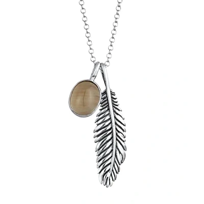 Imagen de Kuzzoi collar de plata para hombre con alas pluma (30 mm) y cuarzo gema solitario (10 mm), en ley 925, cadena colgante aspecto envejecido, longitud 60 cm